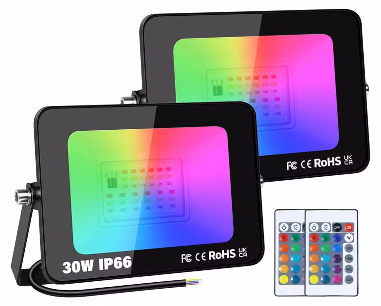 Confezione da 2 fari LED RGB da 30W per esterni, con telecomando e grado di protezione IP66