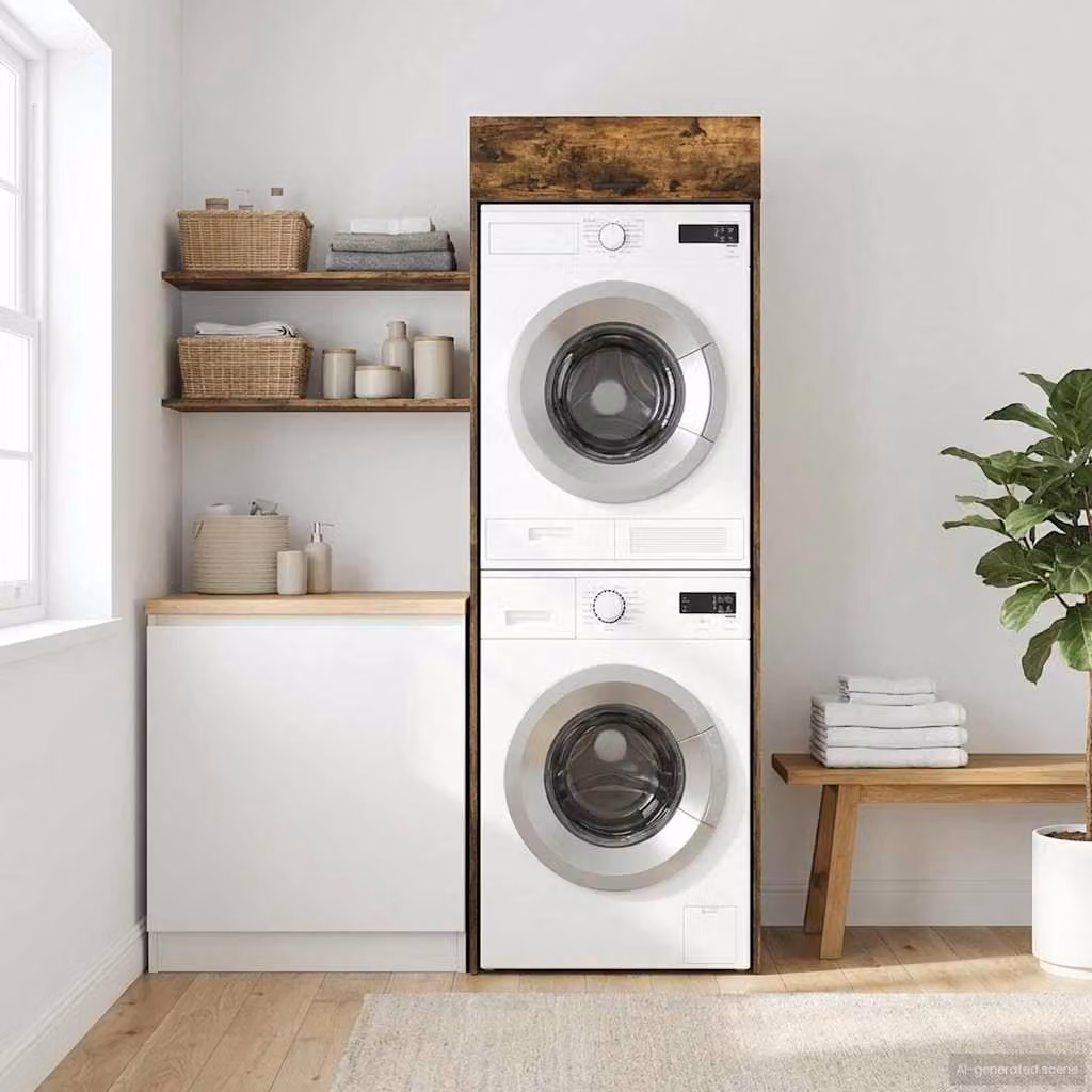 Mobiletto per lavatrice vidaXL in Rovere fumé con ante a battente, ideale per il bagno, L: 67,5 cm, P: 68 cm, H: 200 cm