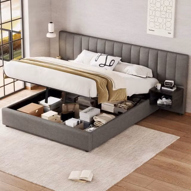 Letto contenitore matrimoniale 200 × 160 cm, 2 comodini, sollevamento idraulico, senza materasso, lino grigio nero