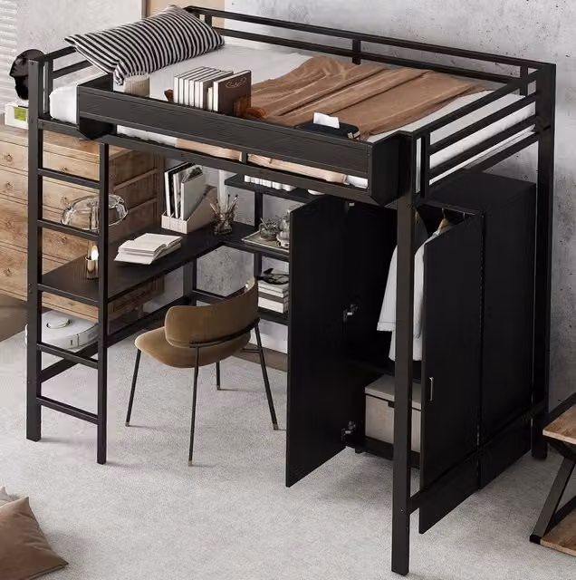 Letto a castello 90x200 cm in metallo e legno nero con scrivania; armadio e scala a 5 gradini