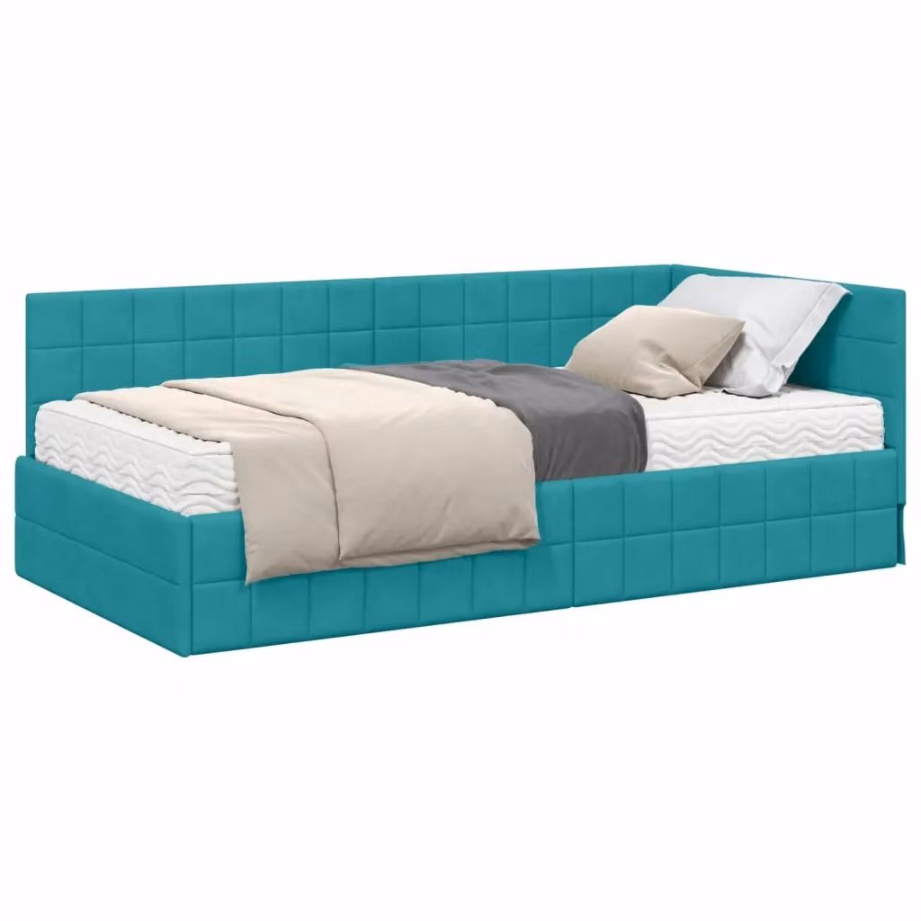 vidaXL Struttura Letto Angolare in Velluto Turchese con 2 Materassi in Schiuma, L/P/H: 200 x 100 x 72 cm – 2