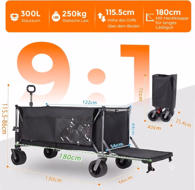 Carrello pieghevole allungabile con ruote per terreni diversi