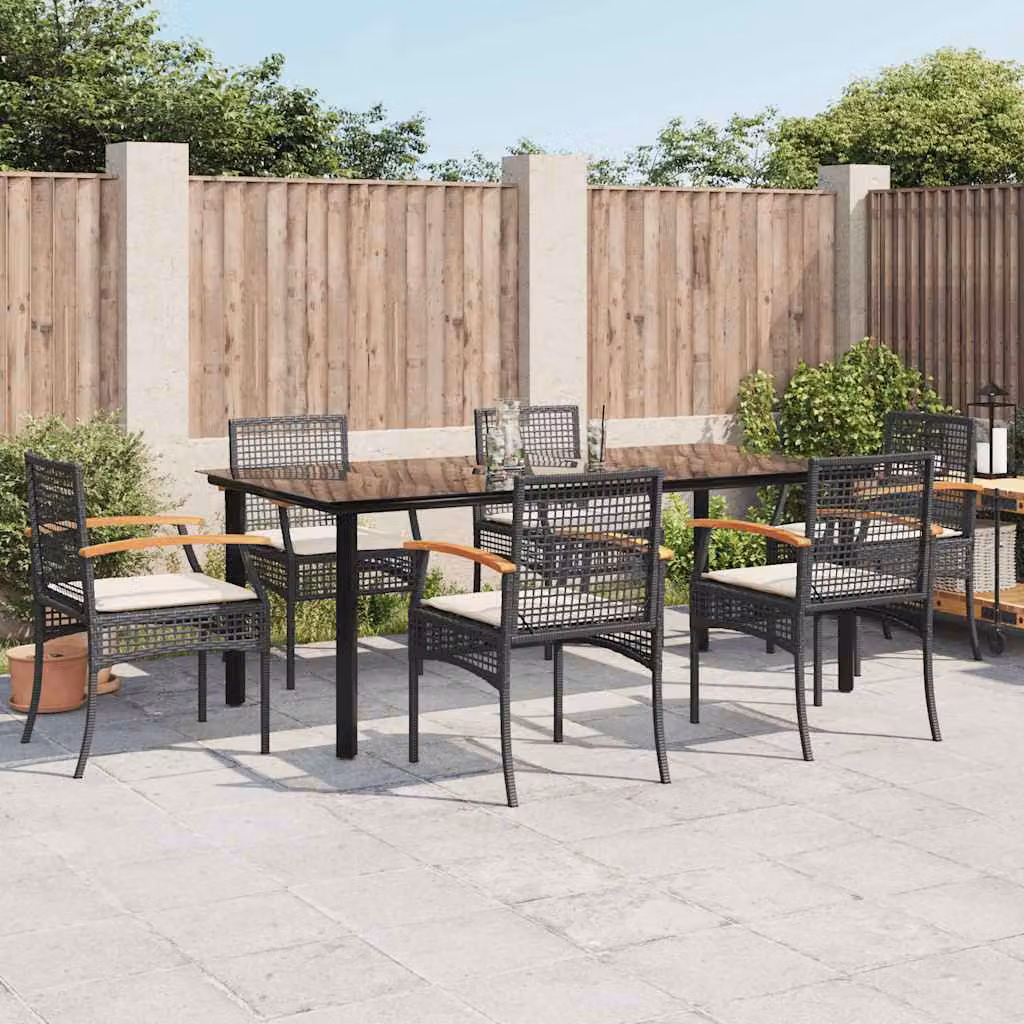 vidaXL Set da Pranzo da Giardino 7 pz in Polyrattan e Legno di Acacia con Piano in Vetro Nero e Bianco