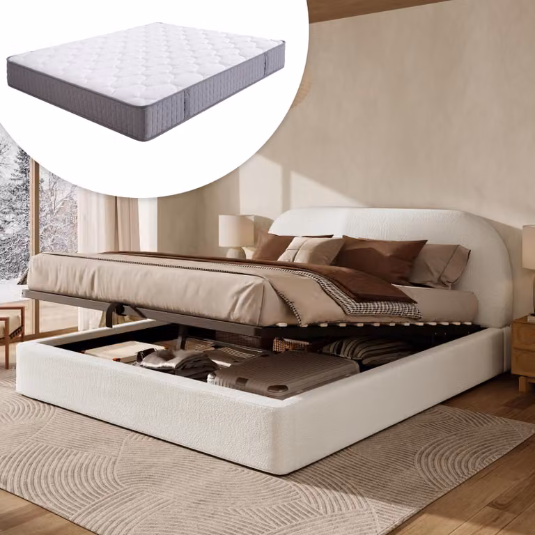 Letto matrimoniale imbottito MODFU 180 x 200, letto idraulico con ampio vano contenitore; struttura del letto con rete a doghe e testiera da 13,5 cm, colore beige