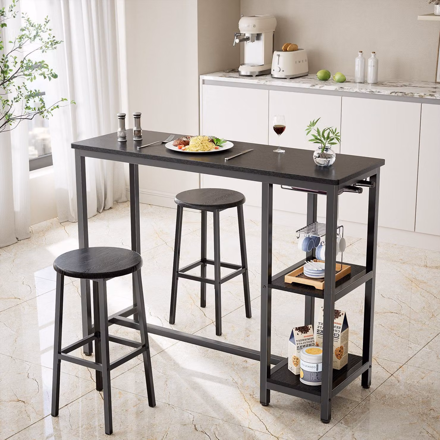 Set di tavoli da bar Bealife, tavolo da bar con 2 sgabelli, tavolo e sedie da soggiorno per due persone - 120x40x91,5 cm