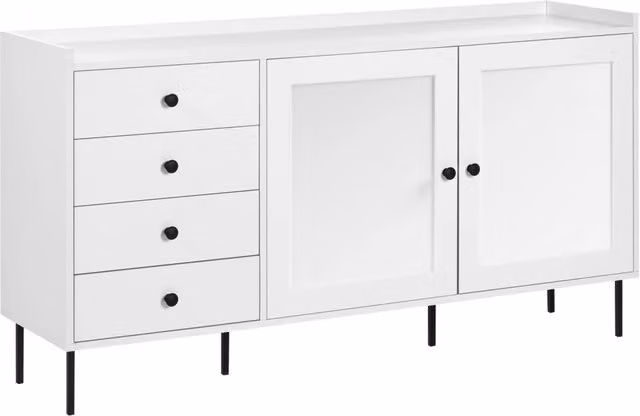 Credenza contenitore Beliani in stile scandinavo con 4 cassetti soft close e 2 ante in metallo e MDF, Bianco e Nero, L: 150 cm, H: 80 cm, P: 40 cm