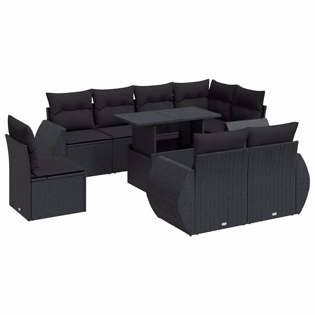 Set da giardino moderno vidaXL composto da 9 pezzi con cuscini neri in rattan e struttura in metallo a forma di U – 2