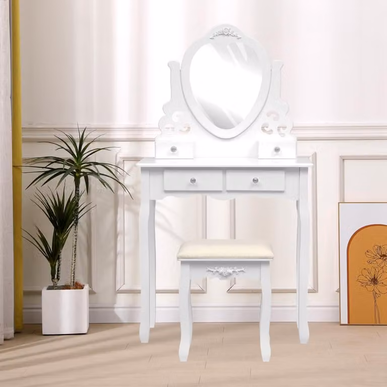 Tavolo da trucco 3 pezzi con specchio, 4 cassetti e sgabello HDT04-WEI bianco