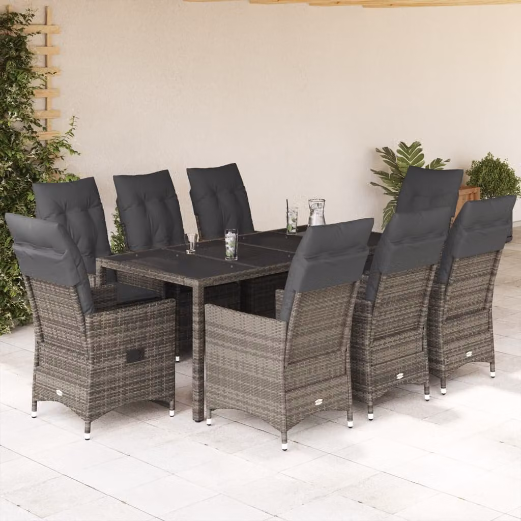 Set da pranzo da giardino vidaXL in polyrattan e vetro grigio con 9 pezzi – 1
