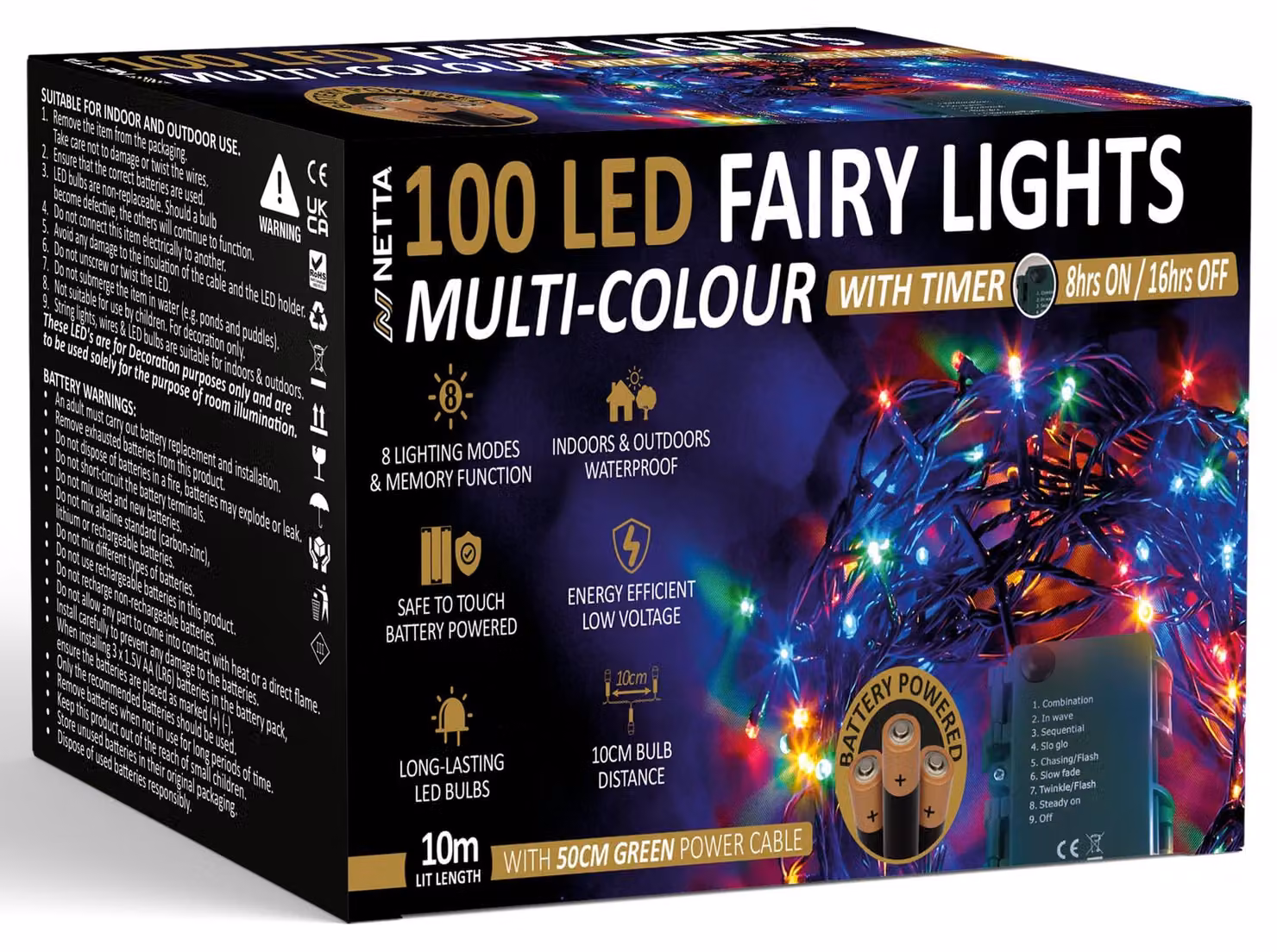 Catena luminosa a LED, 100 luci, 10 metri, multicolore, con timer, 8 modalità, alimentata a batteria