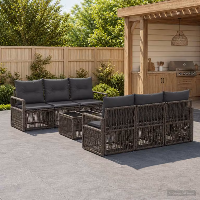 Set Divano da Giardino vidaXL 7 Pezzi in Polyrattan Grigio con Cuscini e Tavolino