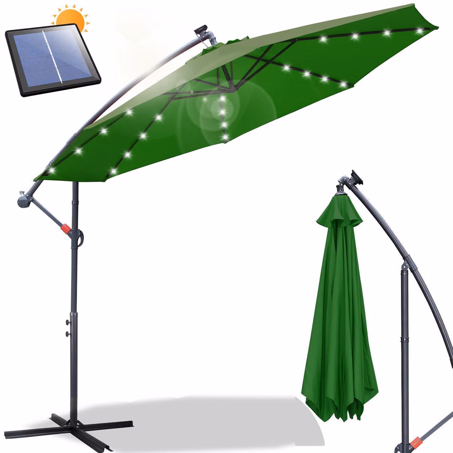 Ombrellone da giardino con manovella, diametro 300 cm, colore verde, resistente all'acqua, con luci LED solari