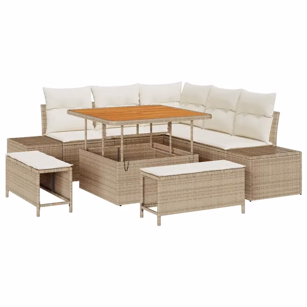 Set Divano da Giardino a L vidaXL 8 pz Beige con Cuscini e Tavolino in Polyrattan e Acciaio – 2