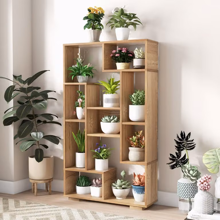Libreria geometrica moderna Costway con ripiani aperti in legno, colore marrone, Altezza: 120 cm