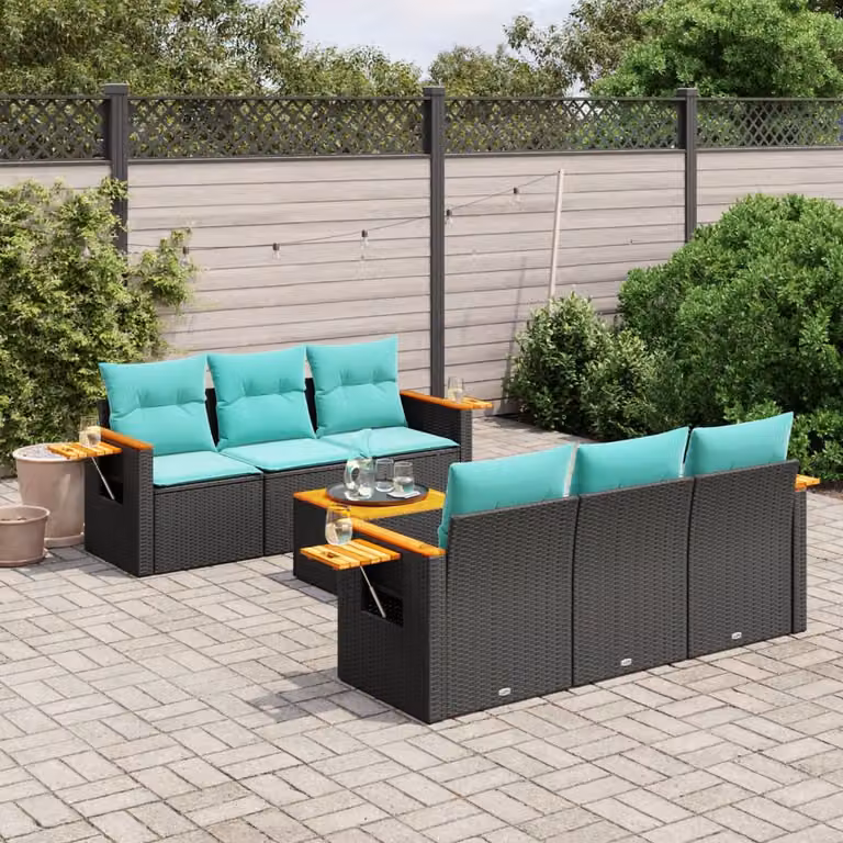 Set di divani da giardino vidaXL 7 pezzi in polyrattan nero con cuscini blu e coperture rimovibili