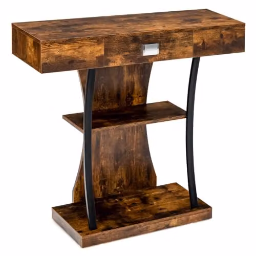 Helloshop26 Tavolo consolle 91 x 30 x 88 cm con cassetto e ripiano aperto, stile scandinavo in metallo, marrone rustico 20_0017576