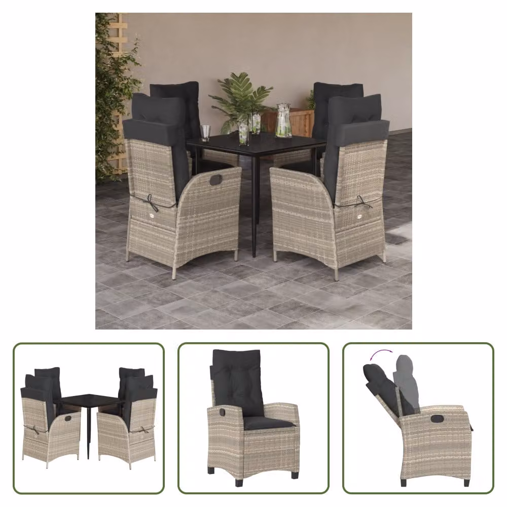 The Living Store Set da pranzo da giardino 5 pezzi con cuscini in rattan grigio chiaro