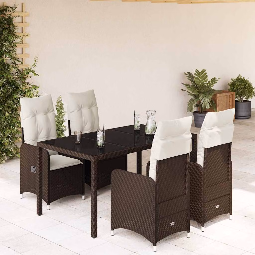 Set Bistrò da Giardino e Balcone vidaXL in Polyrattan e Metallo con Piano in Vetro, 5 Pezzi, Marrone e Bianco – 1