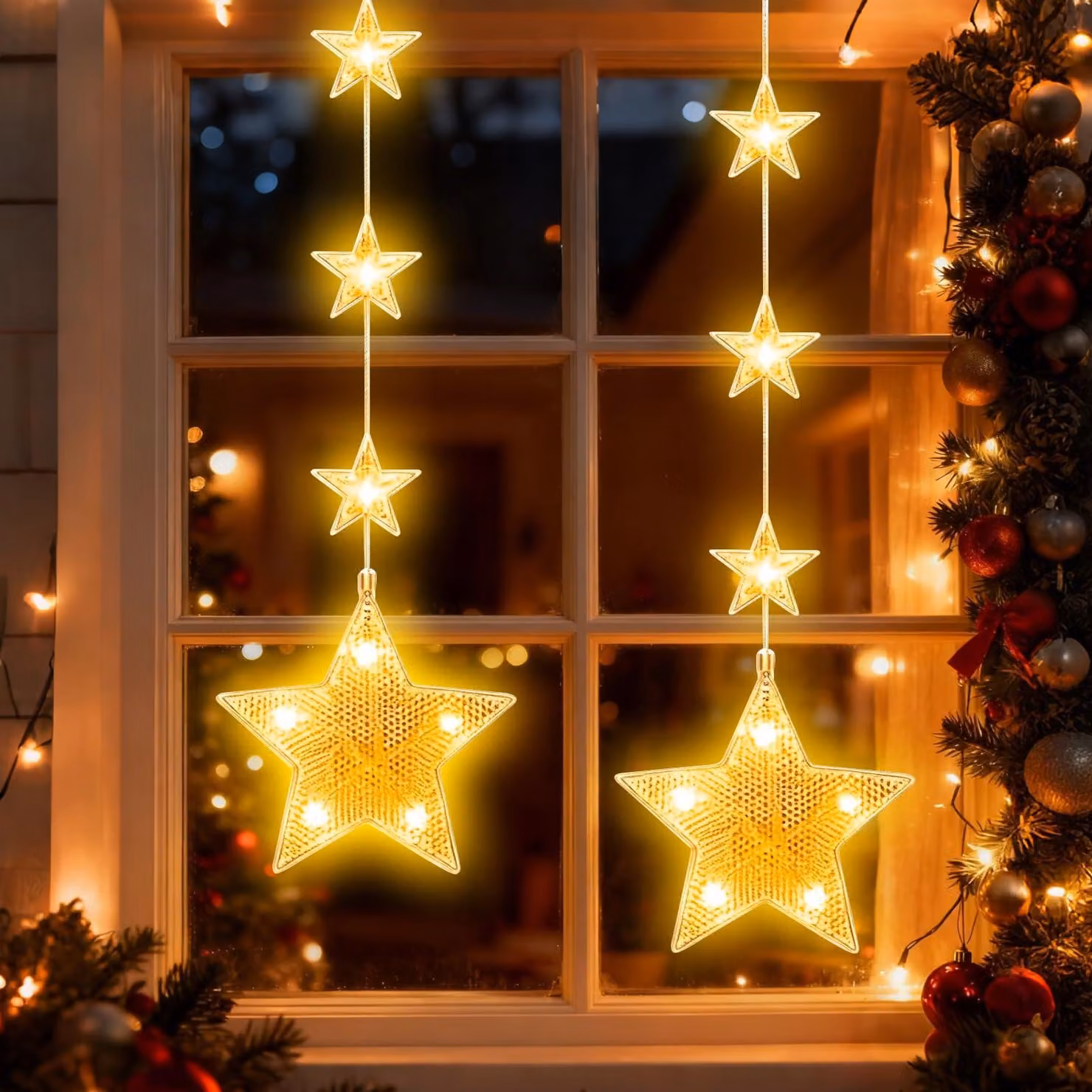 Luci decorative a forma di stella a LED, 2 pezzi, luce bianco caldo, con ventose adesive