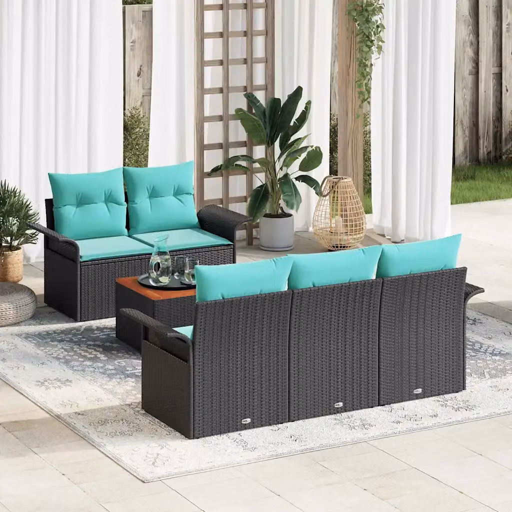 Set Divano da Giardino vidaXL 6 Pezzi a Forma di L con Tavolino, Nero e Turchese