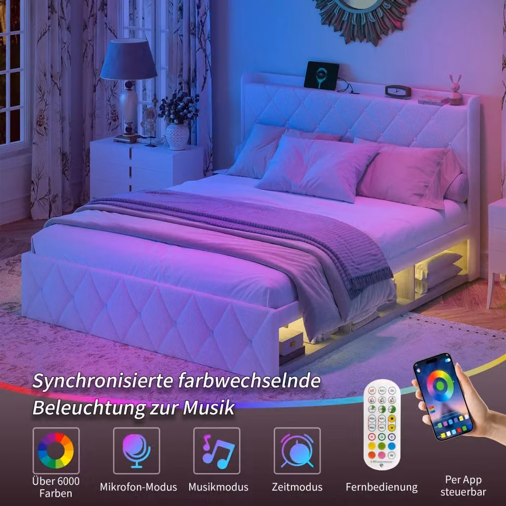 Letto imbottito moderno in velluto e bouclé bianco con porta USB, illuminazione LED e cassetti, L/P: 160 x 200 cm – 2