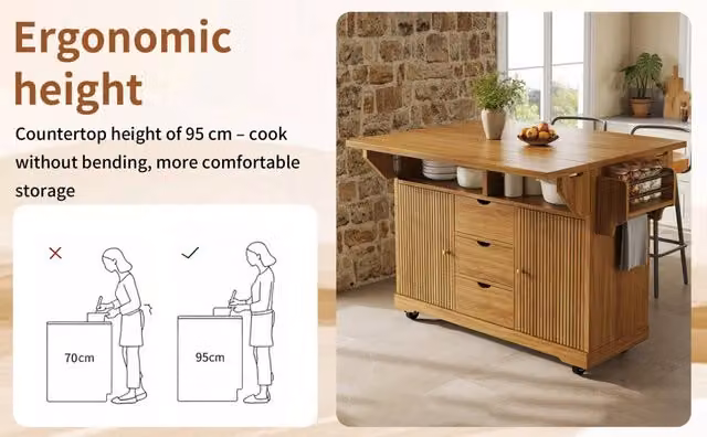 Carrello da Cucina con Cassetti ¨C Minimal ¨C Marrone, Altezza 95cm, Ruote Bloccabili, Piano di Lavoro