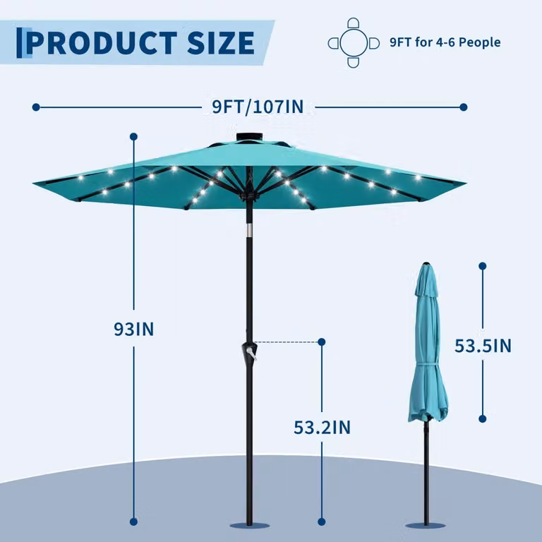 Ombrellone da giardino solare - Ombrellone per terrazza, 270 cm - Illuminazione a LED - Manovella con funzione di inclinazione - 8 robuste stecche - Adatto per tavoli da giardino - Resistente alle intemperie - Colore: azzurro cielo