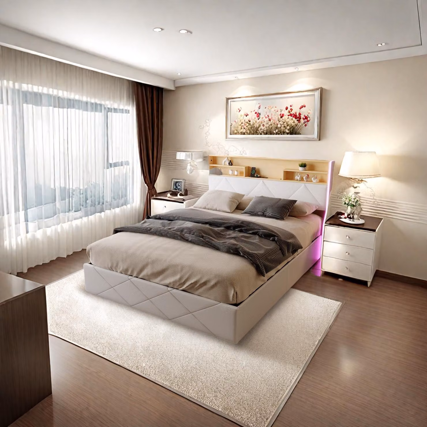 Letto idraulico ProximaX 140×200 cm - Finto cuoio bianca, testata con vano portaoggetti, connessione LED e USB, box letto sotto il piano di appoggio - Ideale per la camera da letto