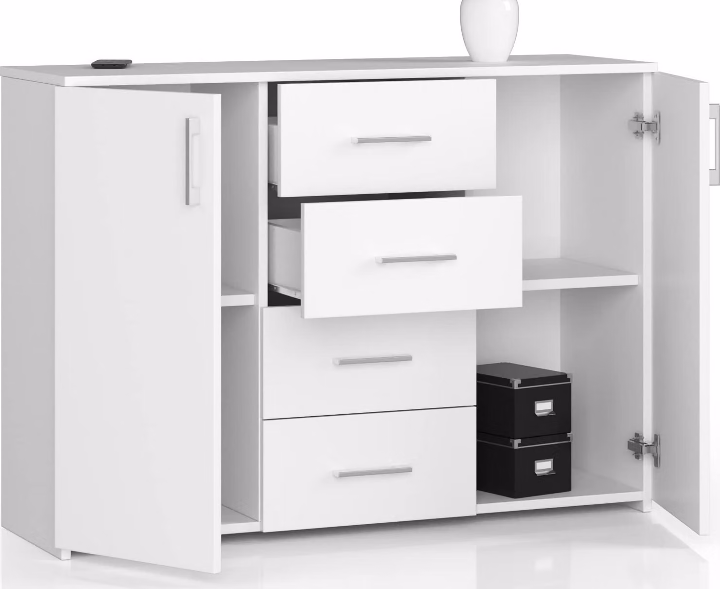 Cassettiera con 4 cassetti e 2 ante, 110x80x35, soggiorno, bianco