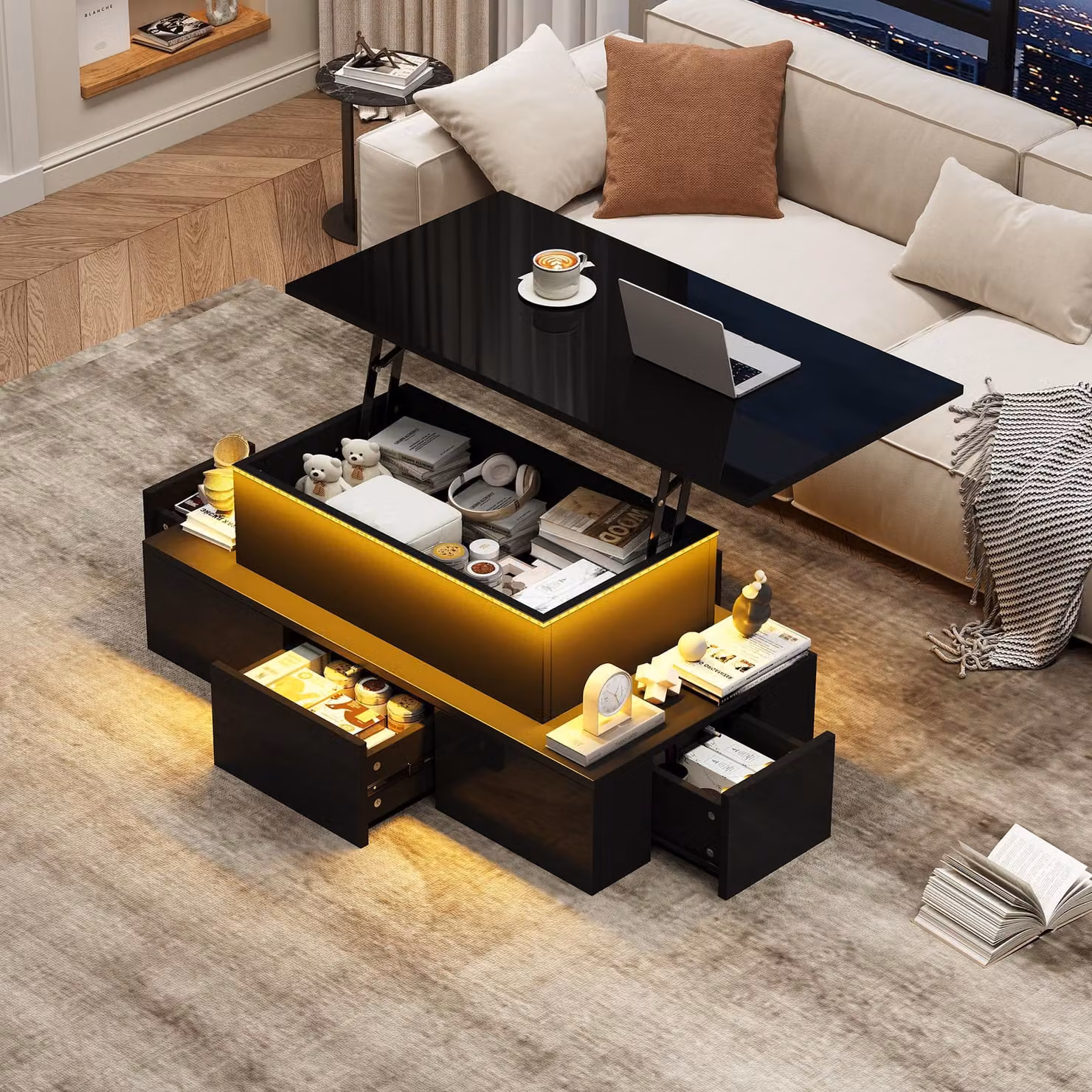 Tavolino da caffè lucido Merax con LED e funzione di sollevamento, tavolino da salotto con 4 cassetti, spazio di archiviazione nascosto, porta USB e ripiano aperto, nero