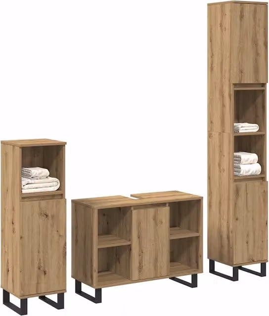 Set di mobili per il Bagno | Armadio da bagno 3 pz Marrone Legno multistrato