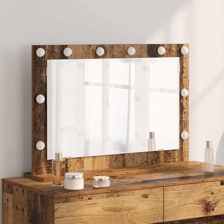 Specchio da vanità rettangolare vidaXL con luce LED in legno vecchio marrone L: 80 cm, P: 55 cm, H: 18 cm