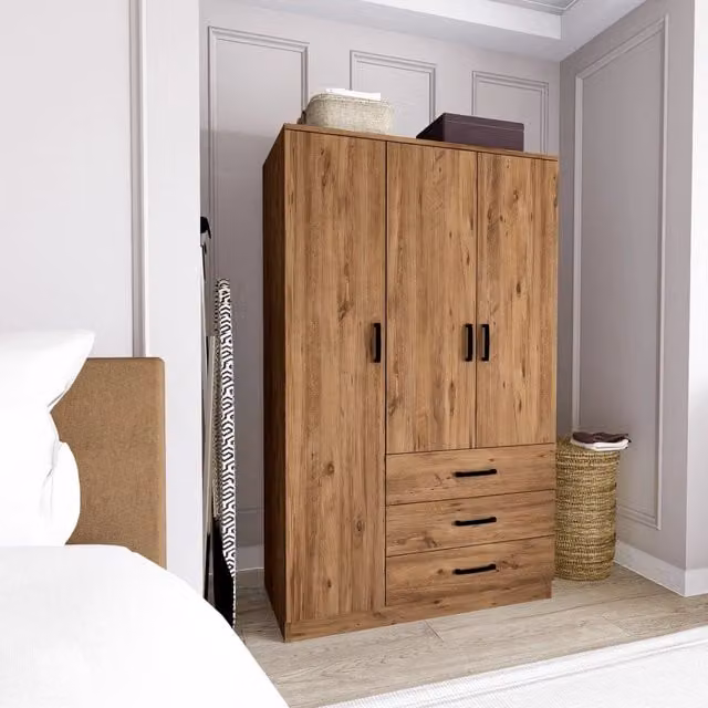 Armadio da camera da letto DMORA moderno con ante a battente e cassetti integrati, finitura rovere marrone opaco, L: 90 cm, P: 47 cm – 1