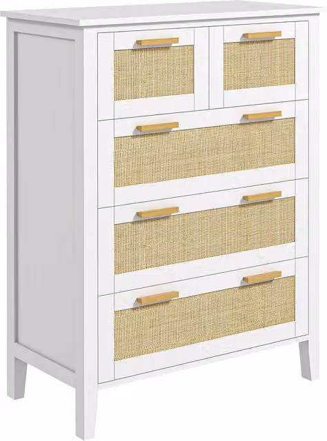Cassettiera HOMCOM con 5 cassetti, maniglie in legno massiccio e guide metalliche, ideale per ufficio, salotto o camera da letto, Bianco, L 77 x P 37 x H 104 cm