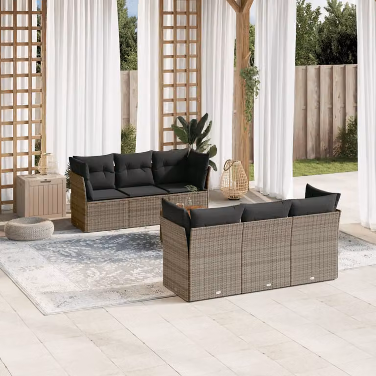 vidaXL Set Divani da Giardino 7 pz in Polyrattan con Cuscini e Tavolino da Esterno, Design Moderno a L, Grigio e Marrone
