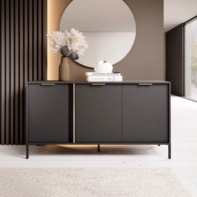 Madia Hamagami DMORA con 3 ripiani, colore nero e oro, L 153 cm x P 40 cm x H 81 cm – 1