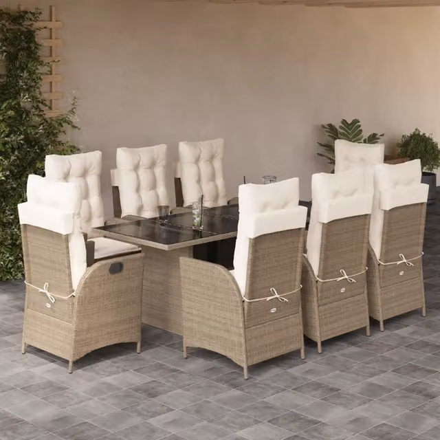 Set da pranzo da giardino vidaXL in polyrattan con cuscini beige e piano in vetro, 9 pezzi