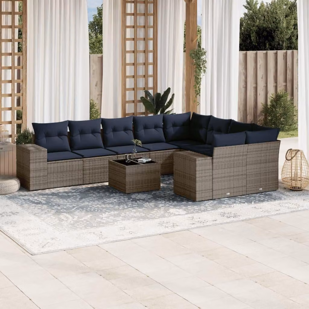 Maison Exclusive - Set divano da giardino 10 pezzi con cuscini, grigio, polyrattan