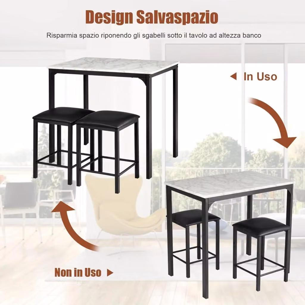 Set di mobili Costway composto da tavolo rettangolare e 2 sgabelli senza schienale in similpelle per cucina o sala da pranzo, design moderno in bianco o nero – 3