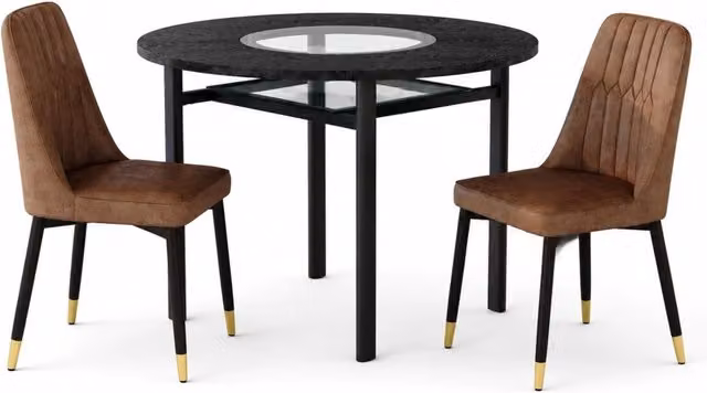 Set tavolo da pranzo rotondo 100 cm in MDF nero, 2 sedie marroni, stile moderno