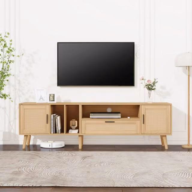 Mobile TV 180 cm con decoro in rattan, 2 ante e 1 cassetto, gambe in legno massello, per TV fino a 80 pollici