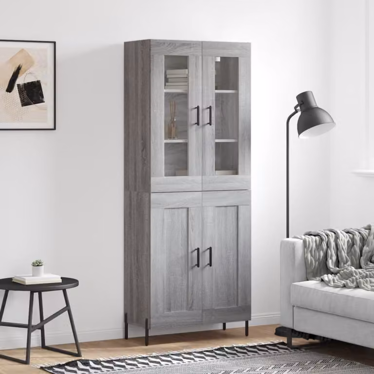 Credenza moderna vidaXL in legno e vetro, Grigio, L: 69,5 cm, P: 34,0 cm, H: 180,0 cm