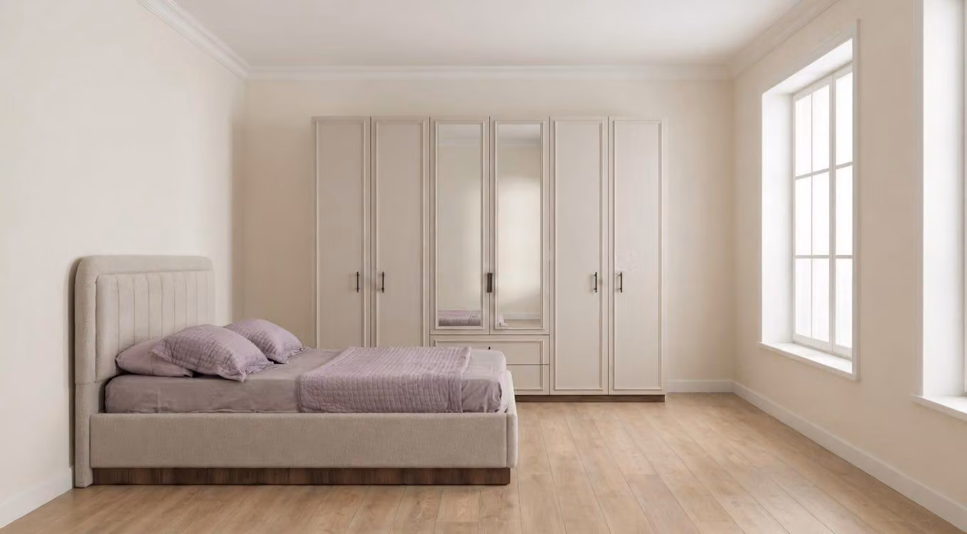 Set completo per camera da letto di alta qualità, beige, moderno, con letto e armadio a 6 ante, dal design elegante