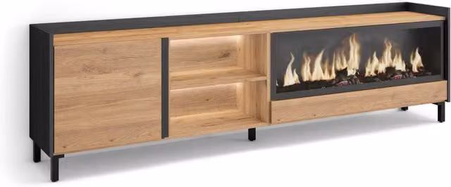 Mobile TV Soggiorno, 212x61x35 cm, Per TV fino a 80", Camino elettrico XXL, Design industriale, LED, Rovere e nero
