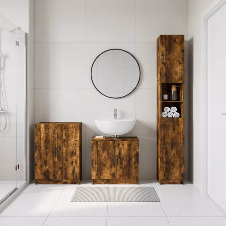 Set di armadietti da bagno moderni vidaXL UTRECHT in 3 pezzi, Rovere Fumo, Marrone