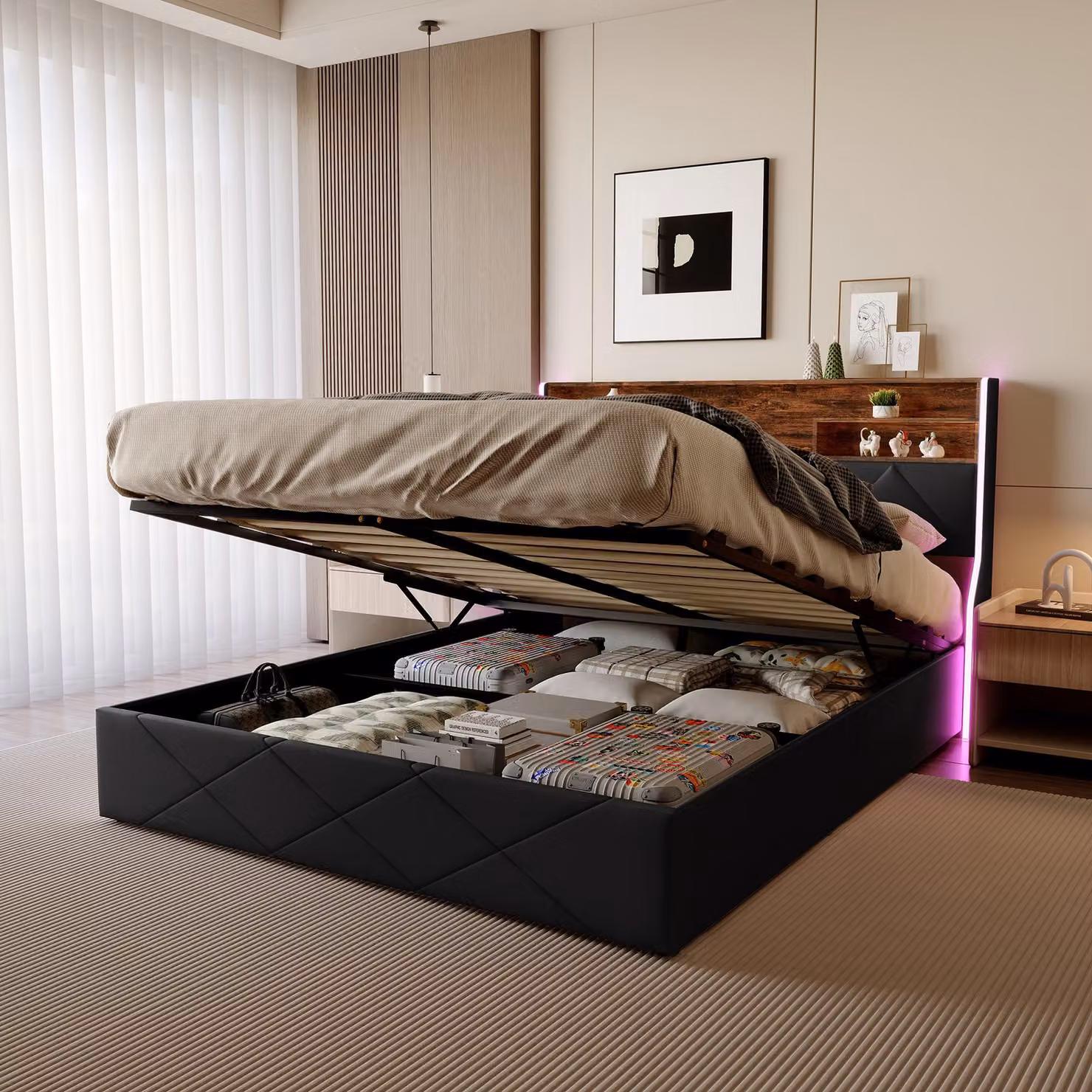 Letto imbottito 160x200 cm con contenitore, testiera con spazio contenitivo, illuminazione LED, prese USB e di tipo-C, rivestito in ecopelle nera