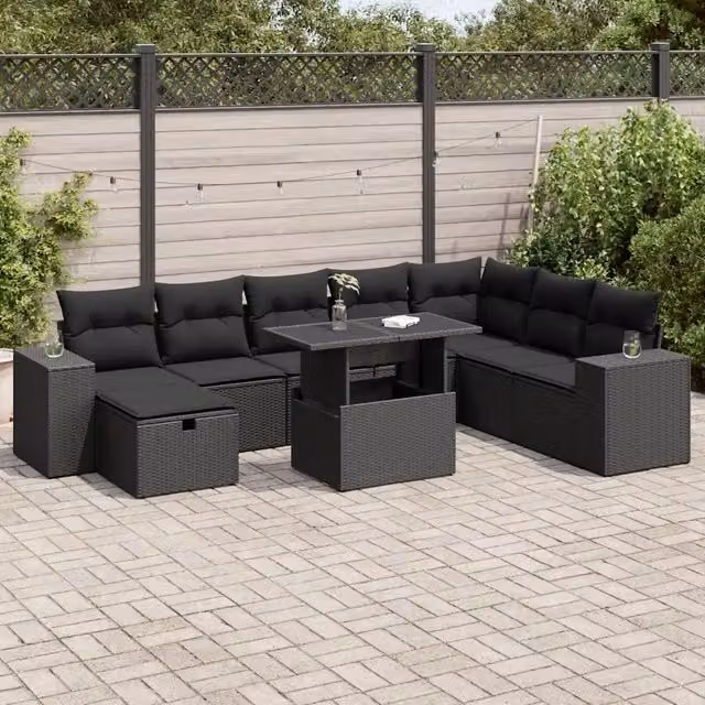 Set Divani da Giardino 9 pz con Cuscini Nero in Polyrattan 3327955