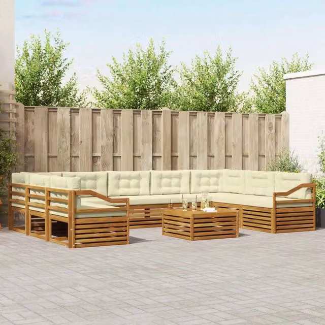 Set di divani da esterno a L con tavolino vidaXL in legno di acacia, colore beige e bianco, composto da 10 pezzi con cuscini inclusi