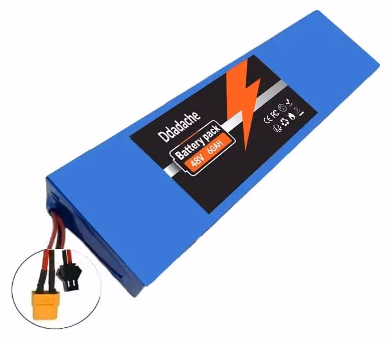 Batteria, capacità 60000 mAh, tensione 48V, configurazione 13S4P, connettore XT60 e protezione SM