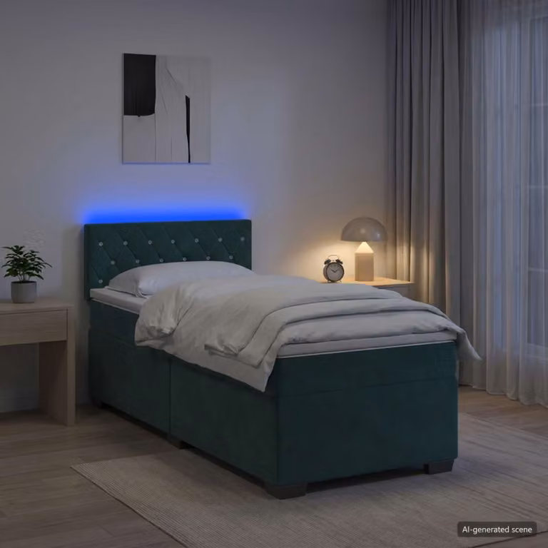 Letto con Box Spring vidaXL in Velluto Verde con Materasso a Molle Pocket e Illuminazione LED sotto il letto, dotato di porta USB e base sollevabile, L/P: 80 x 200 cm